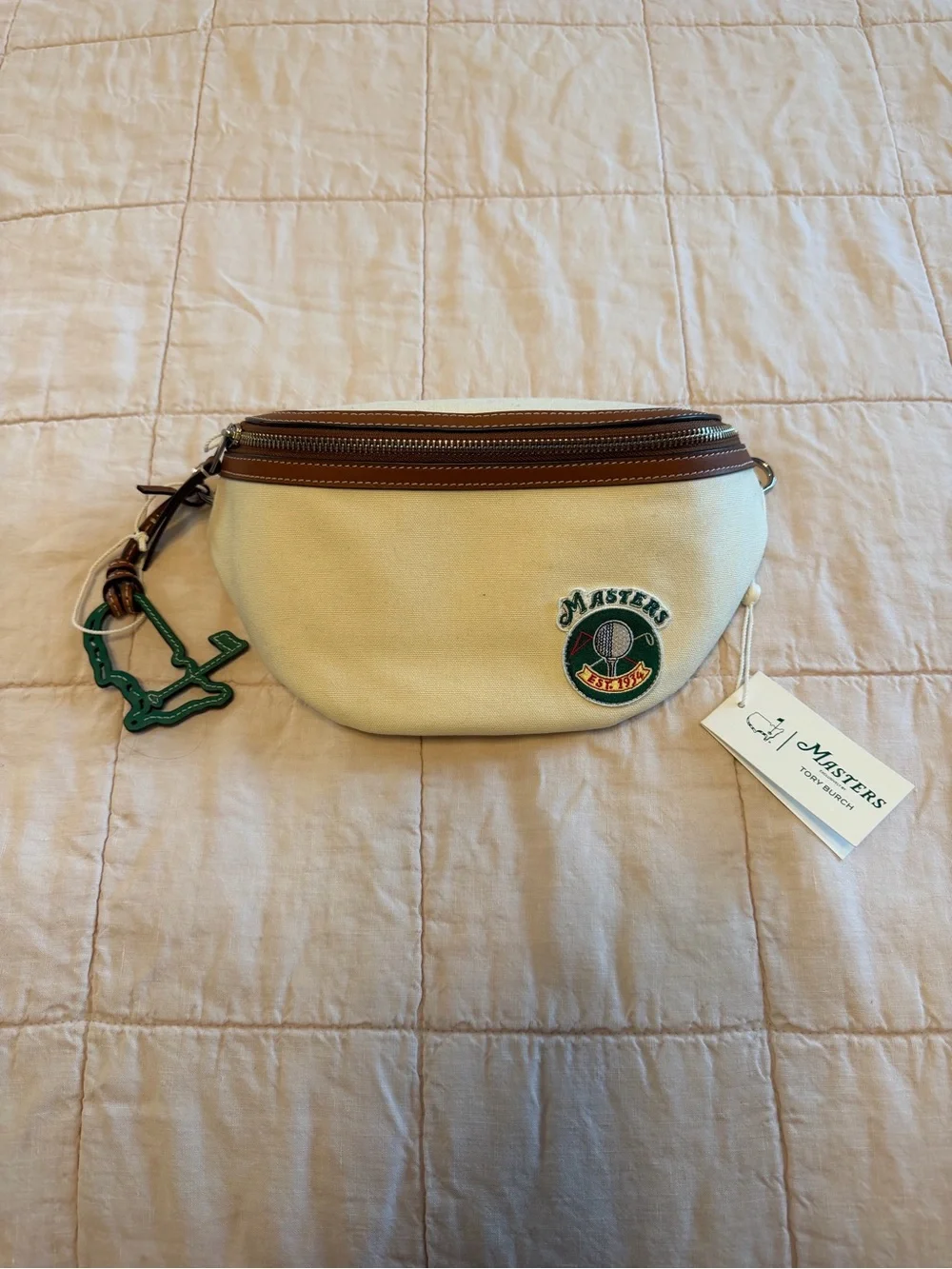 NWT Masters by Tory Burch Cream Canvas Belt Bag with Brown Trim and Green Patch